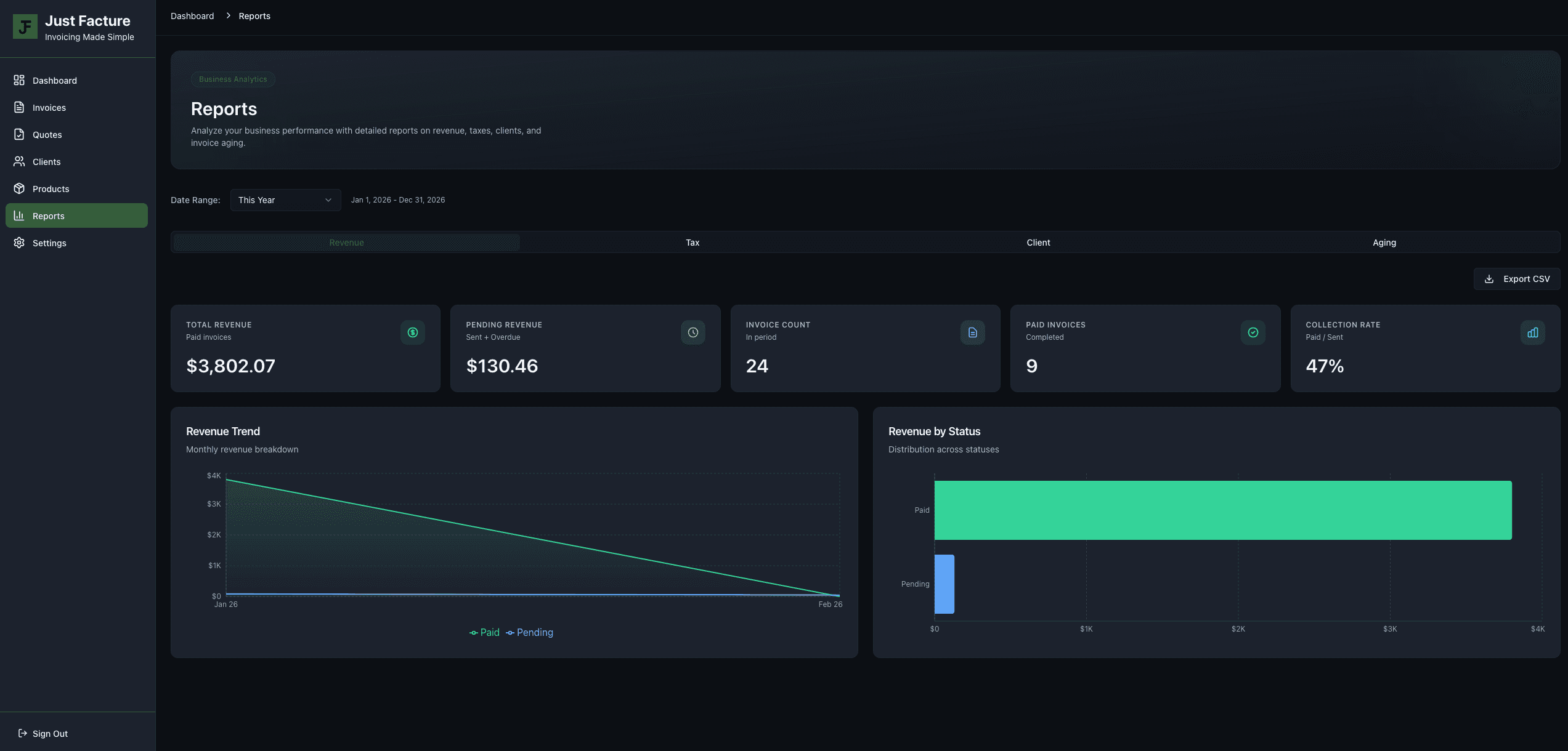 JustFacture web dashboard